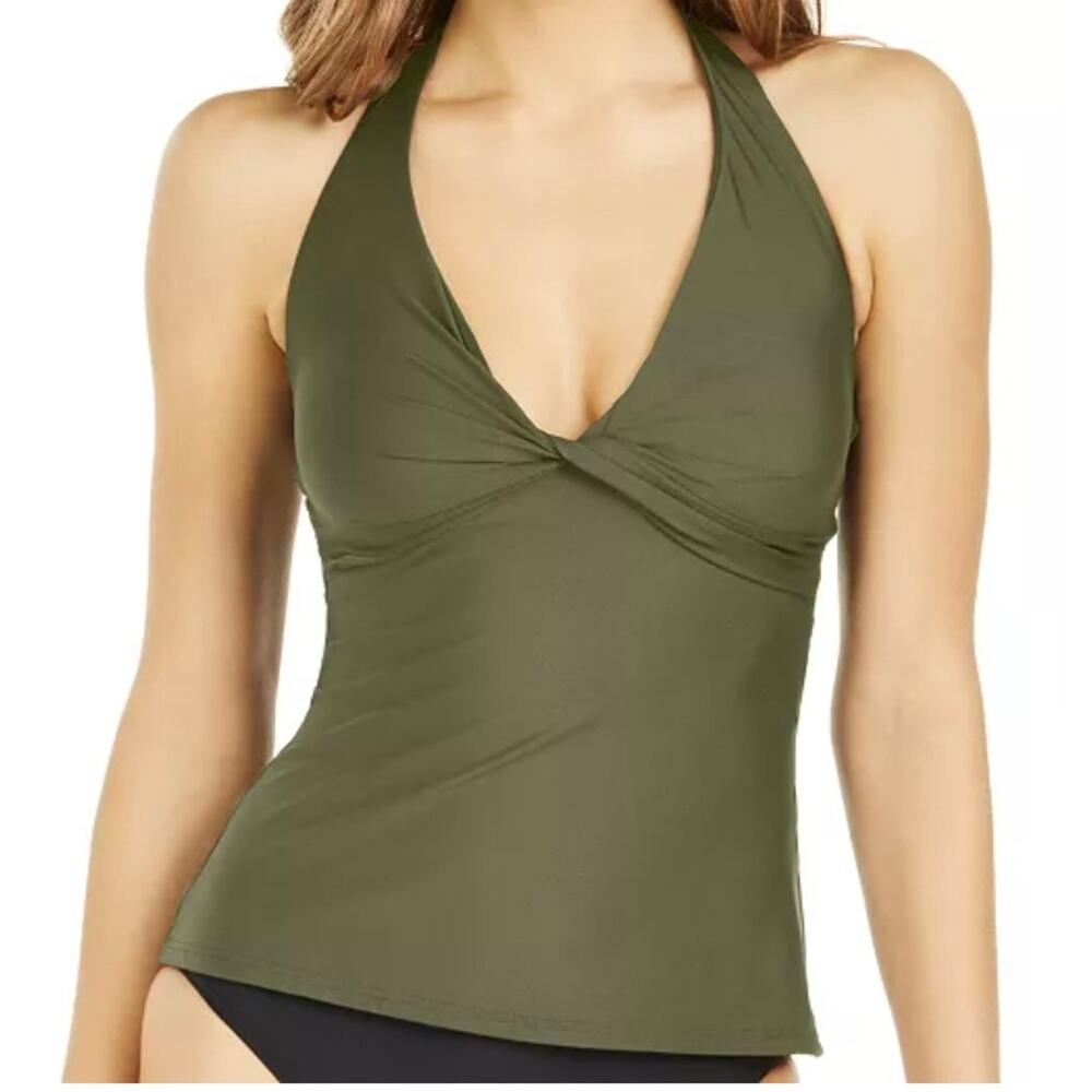 DKNY Twist Front Halter Tankini Swim Top Olive M